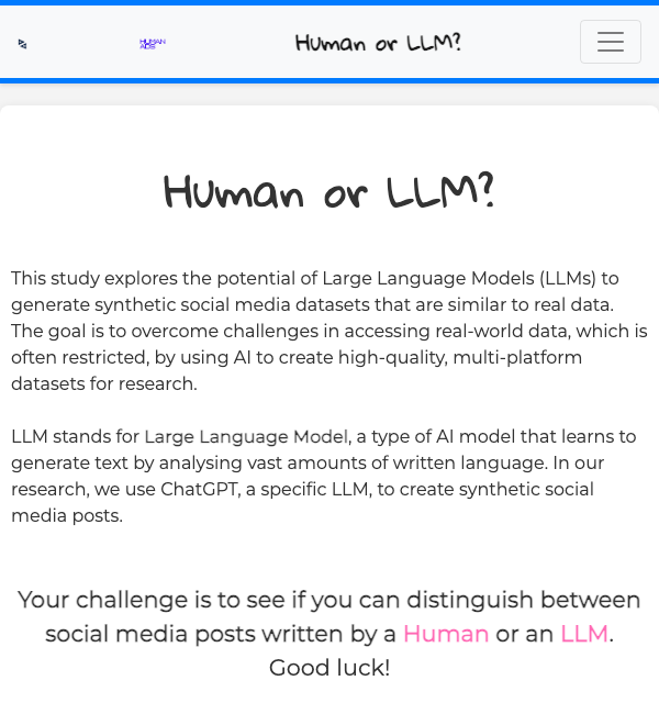 The Human or LLM? game welcome screen